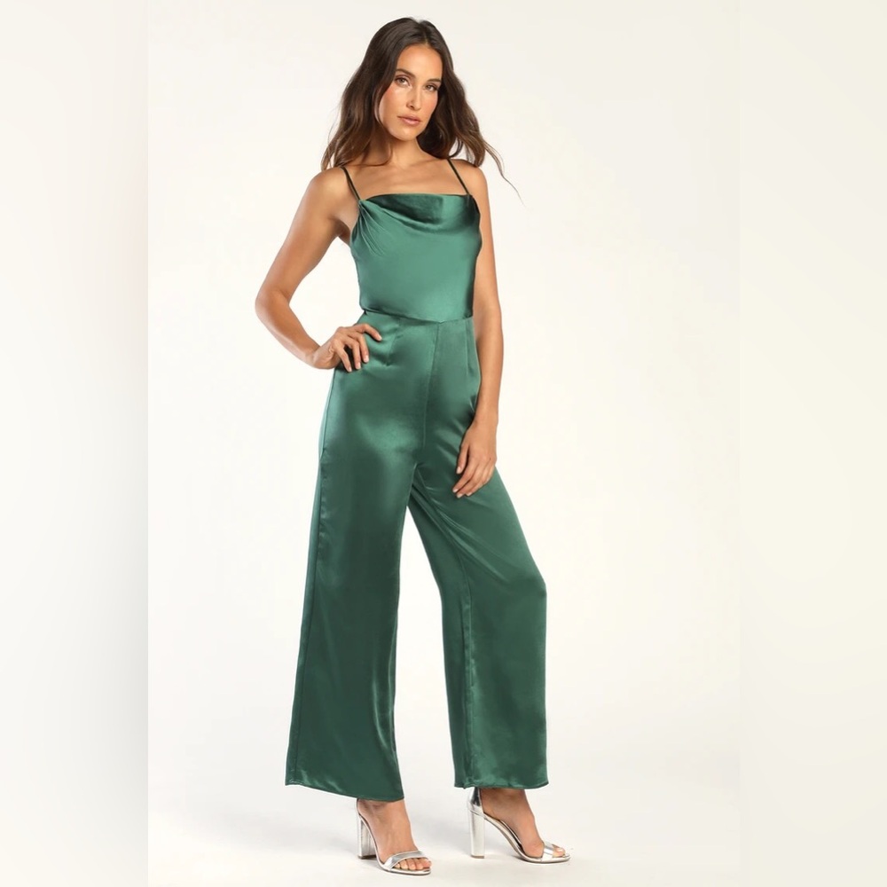 Lush Perfect Night Emerald Green Satin Cowl Neck Culotte Jumpsuit